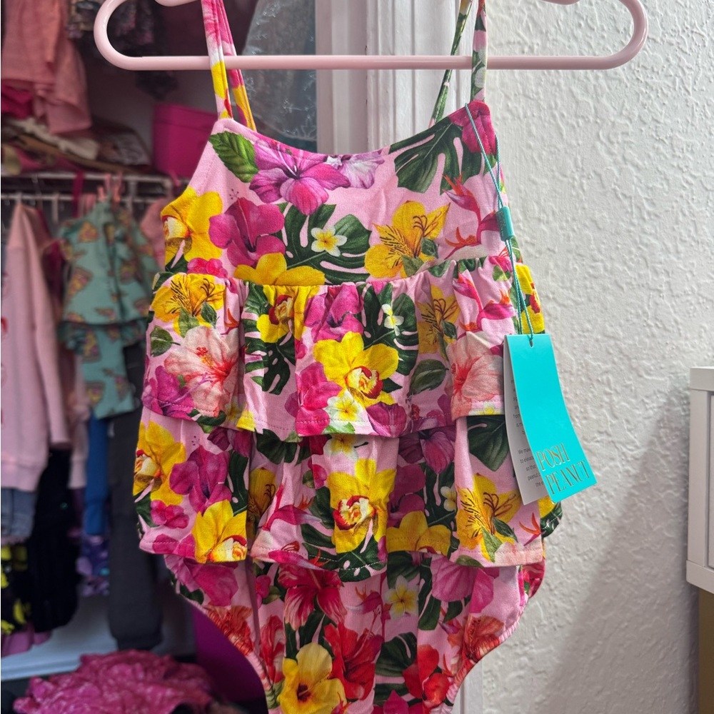 Posh Peanut Pink Floral Ruffle Romper